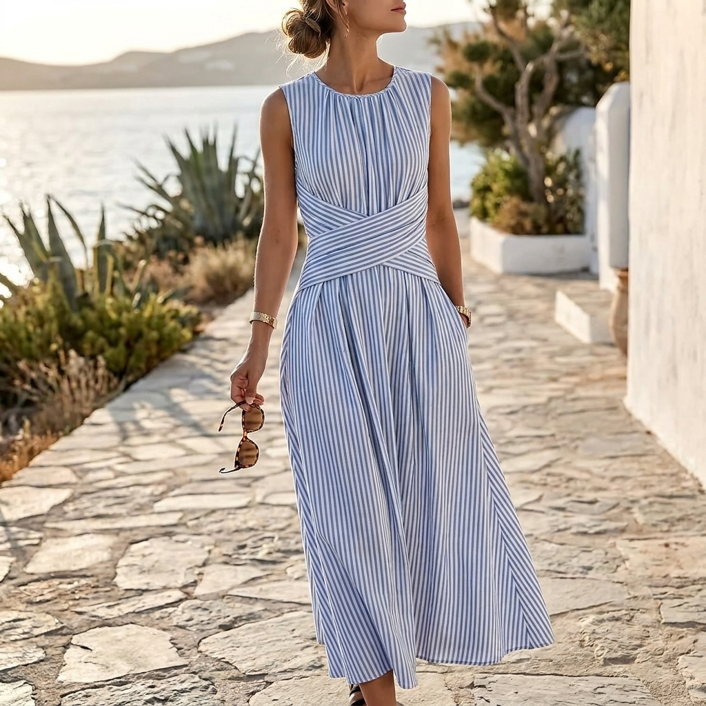 Liza | Blue and White Stripe Midi Dress