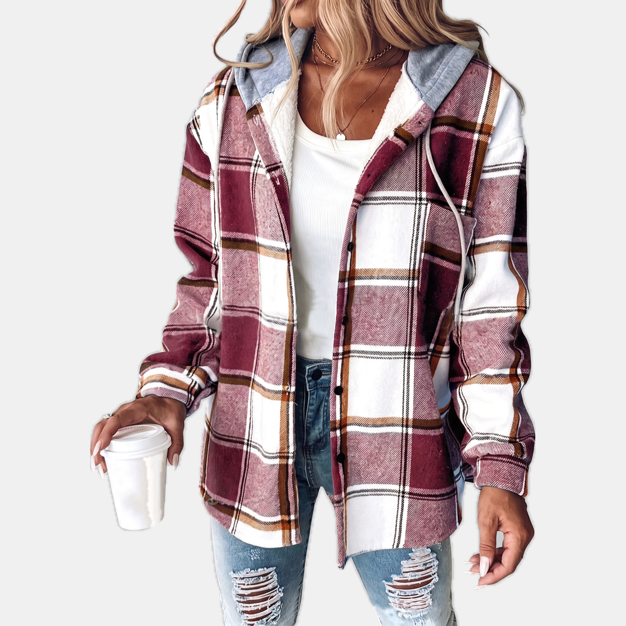 Women's Hooded Button Front Plaid Shacket Jacket
