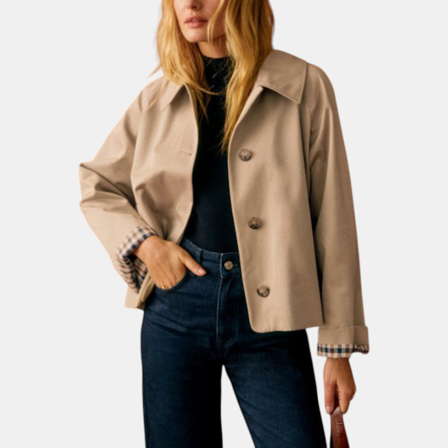 Women's Cropped Trench Coat Lapel Button Front Jacket with Checkered Lining