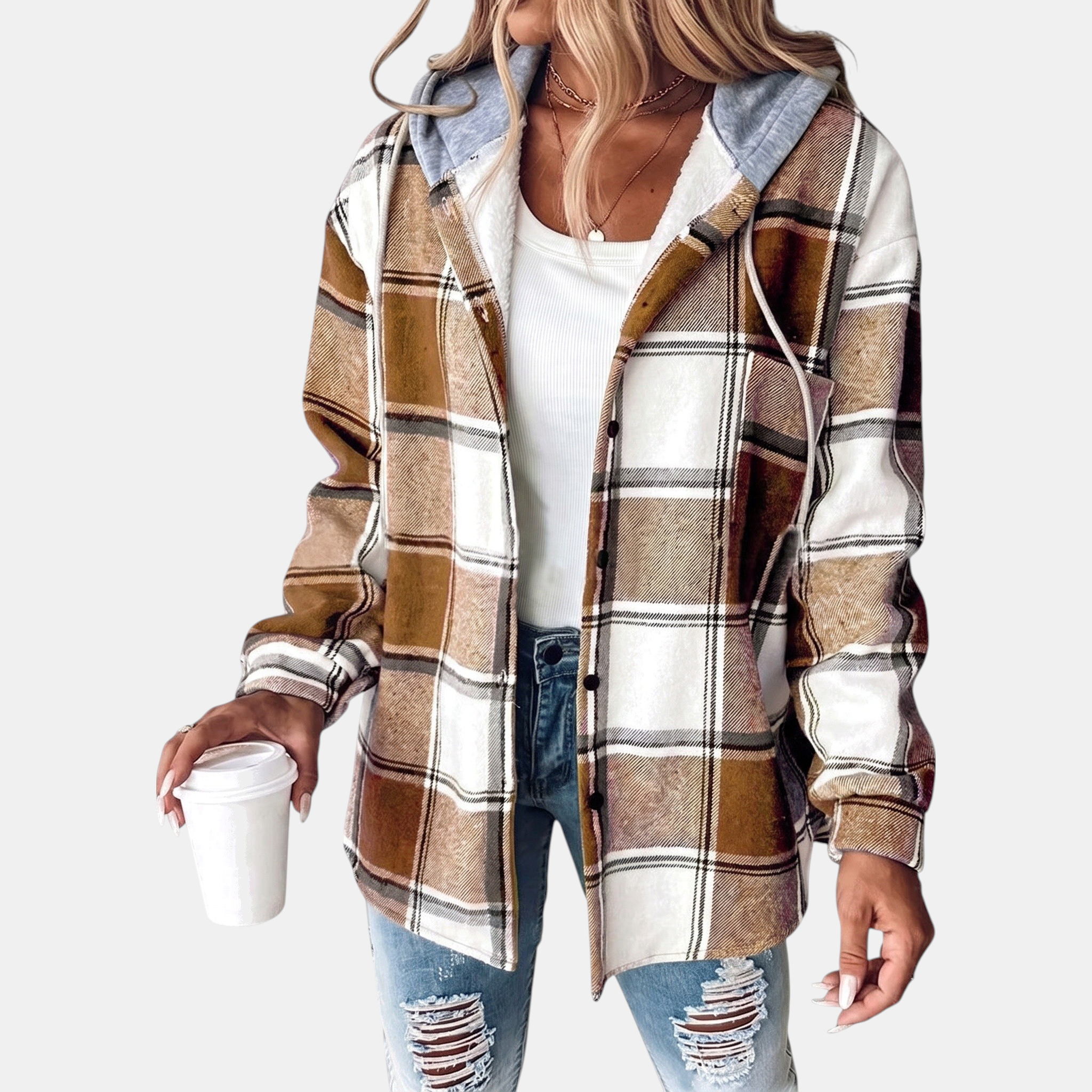 Women's Hooded Button Front Plaid Shacket Jacket
