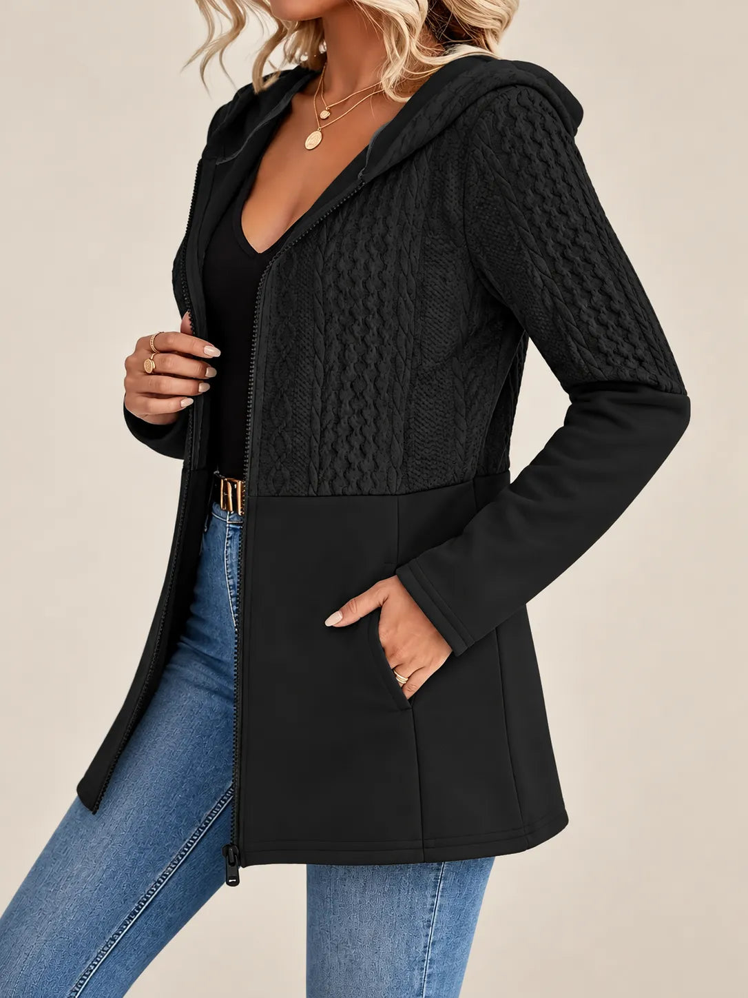 Adeline | Cable-Pattern Hooded Jacket