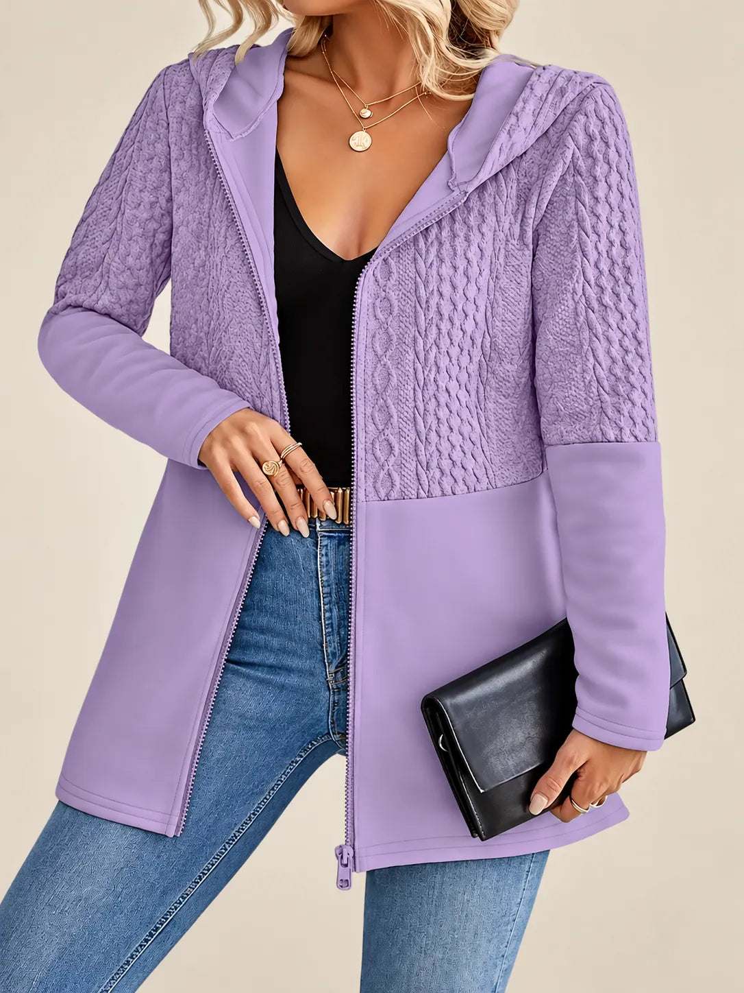 Adeline | Cable-Pattern Hooded Jacket