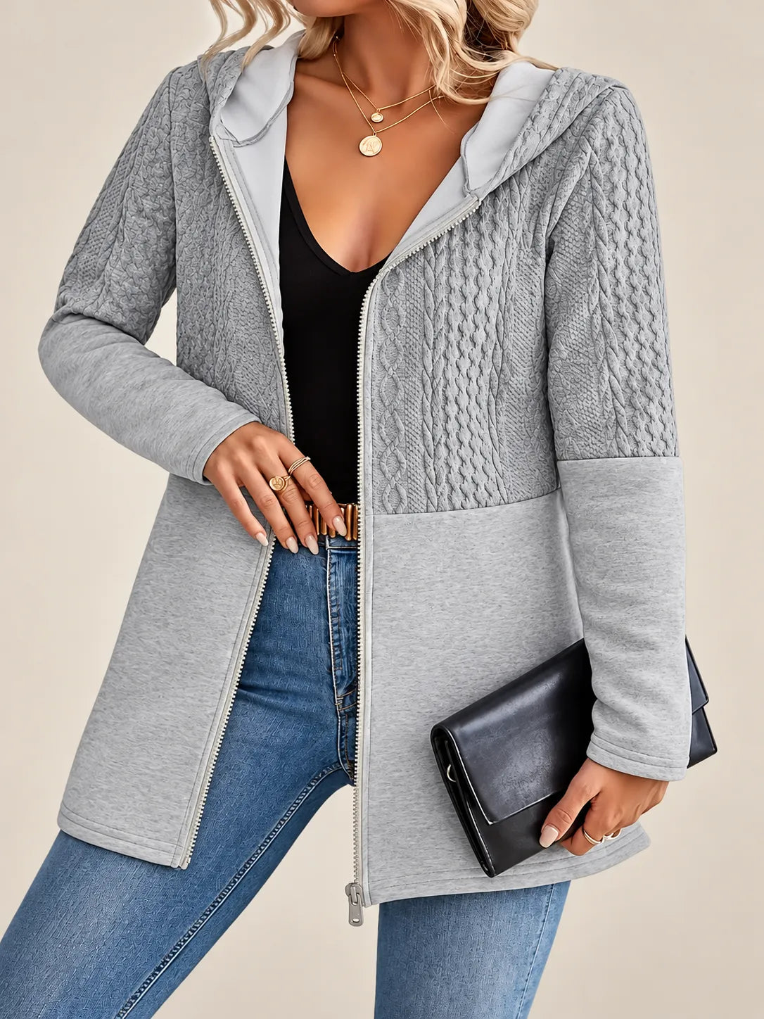 Adeline | Cable-Pattern Hooded Jacket