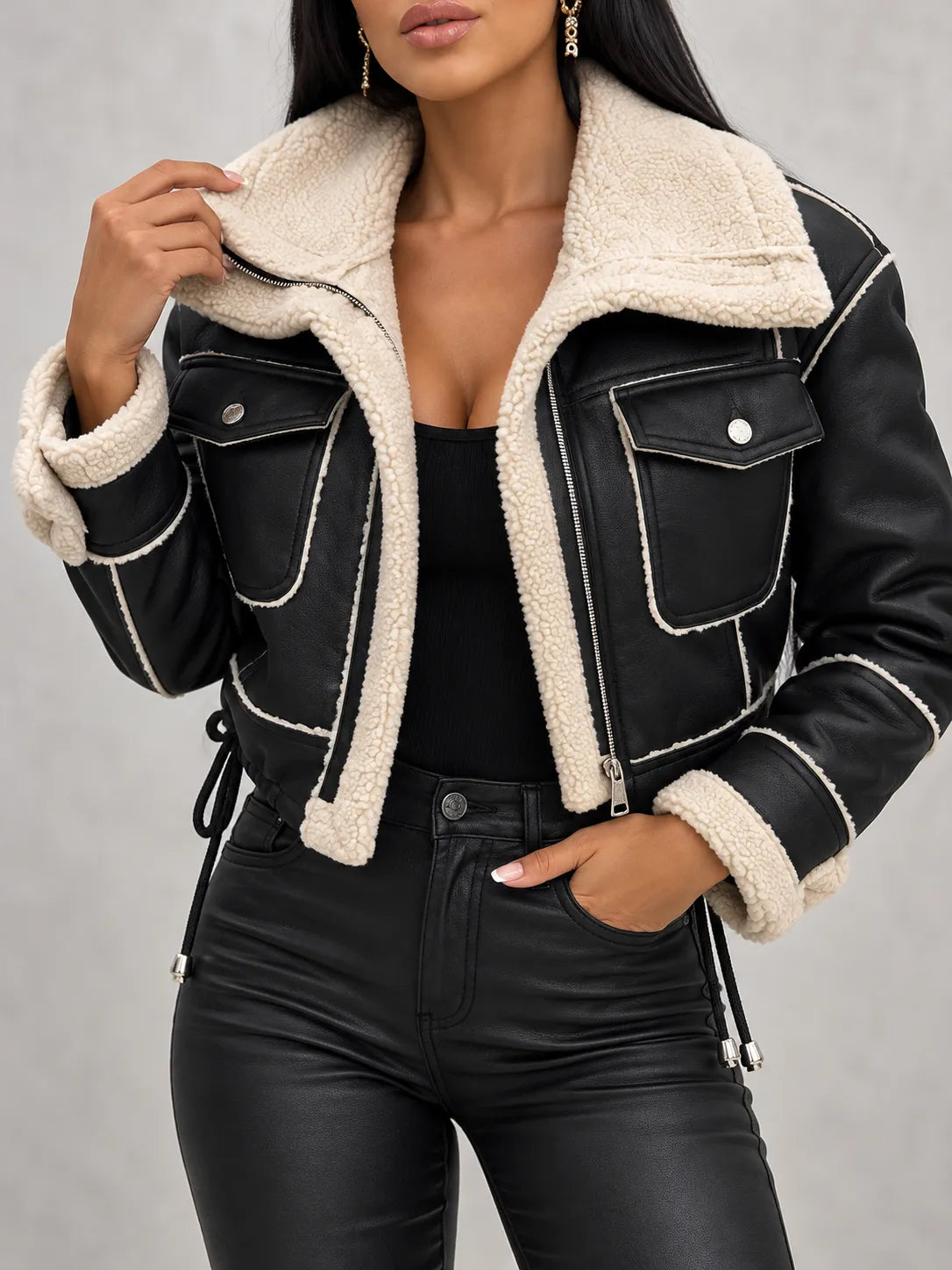 Celeste | Faux Shearling-Trim Vegan Leather Jacket