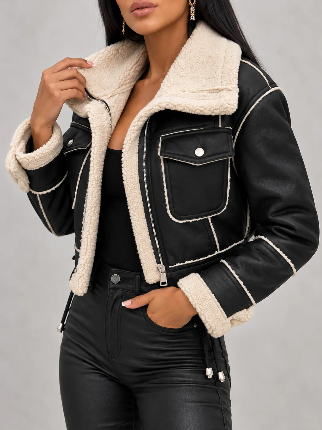 Celeste | Faux Shearling-Trim Vegan Leather Jacket
