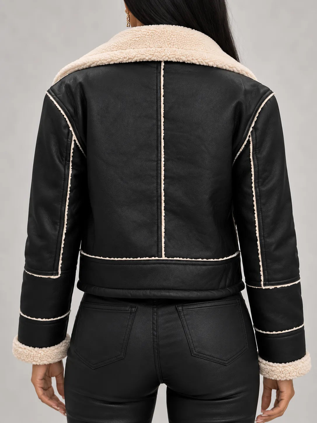 Celeste | Faux Shearling-Trim Vegan Leather Jacket