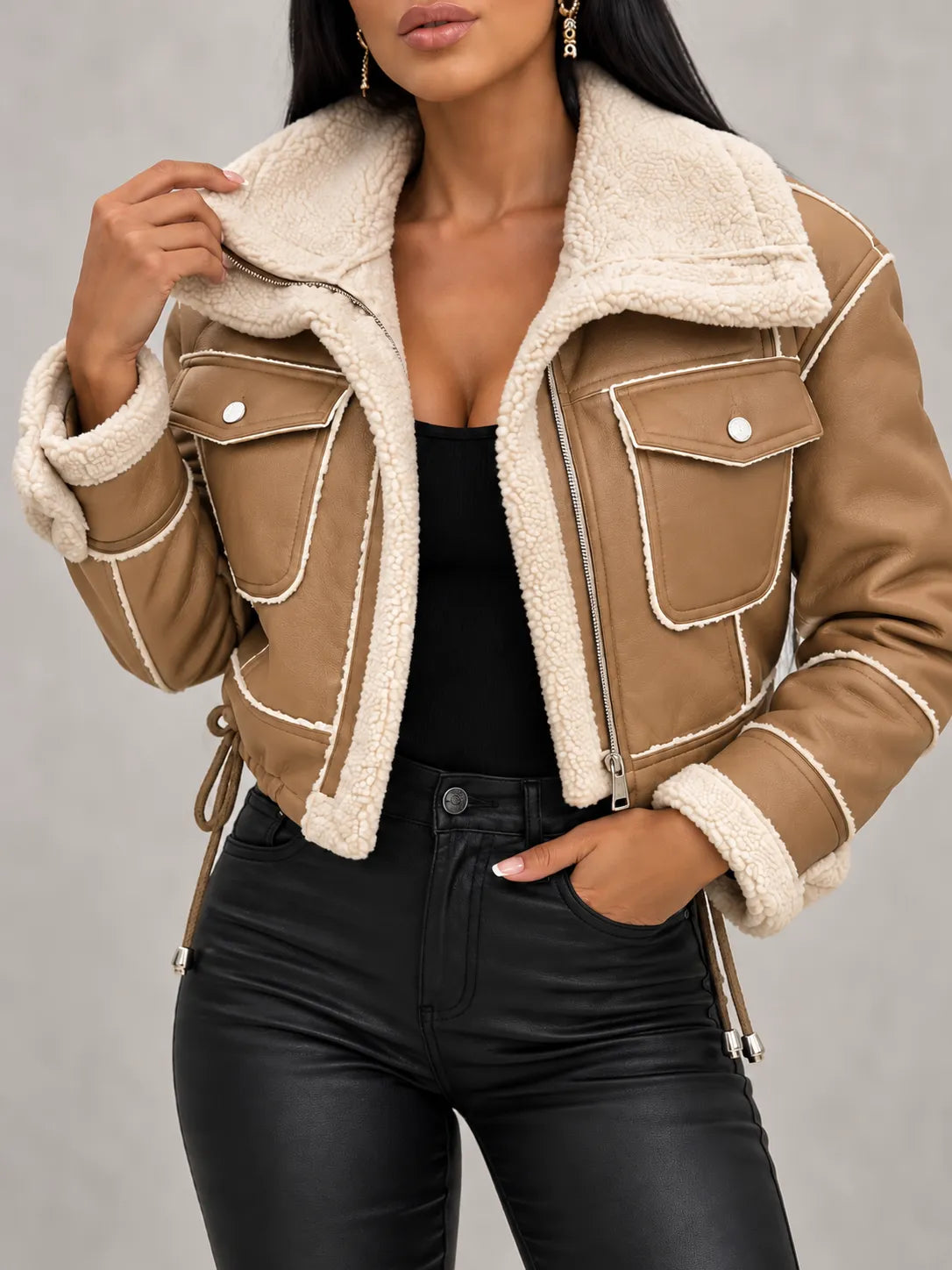 Celeste | Faux Shearling-Trim Vegan Leather Jacket