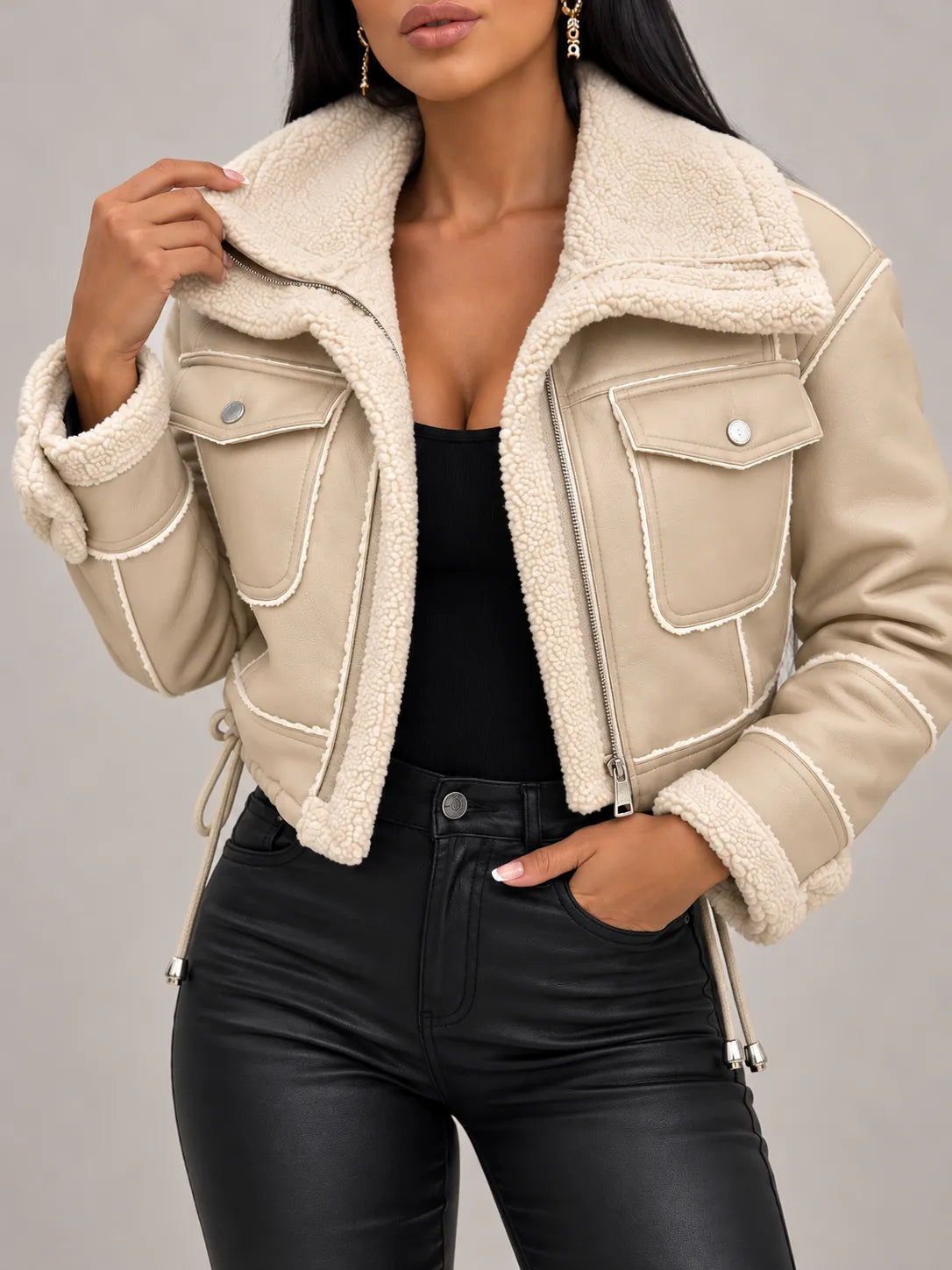 Celeste | Faux Shearling-Trim Vegan Leather Jacket
