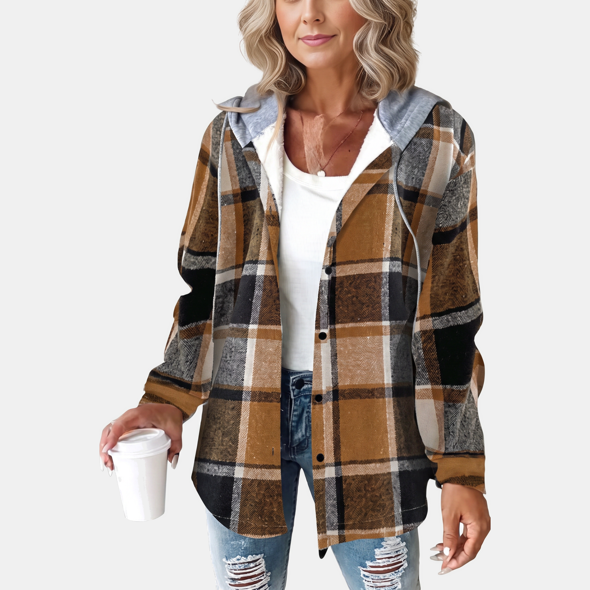 Women's Hooded Button Front Plaid Shacket Jacket