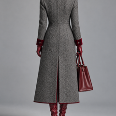 Adele | Long Herringbone Coat with Velvet Trim