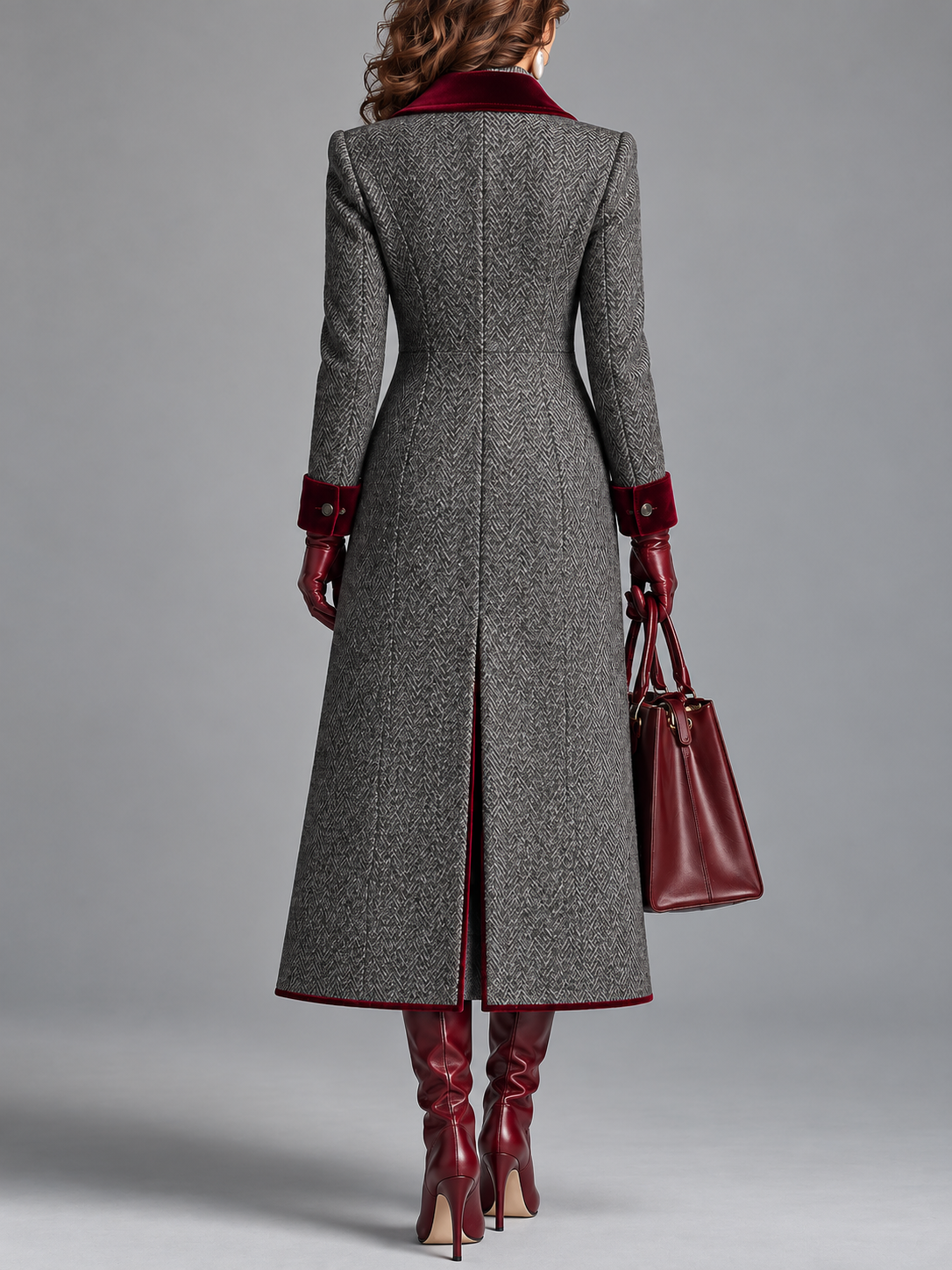 Adele | Long Herringbone Coat with Velvet Trim