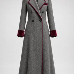 Adele | Long Herringbone Coat with Velvet Trim