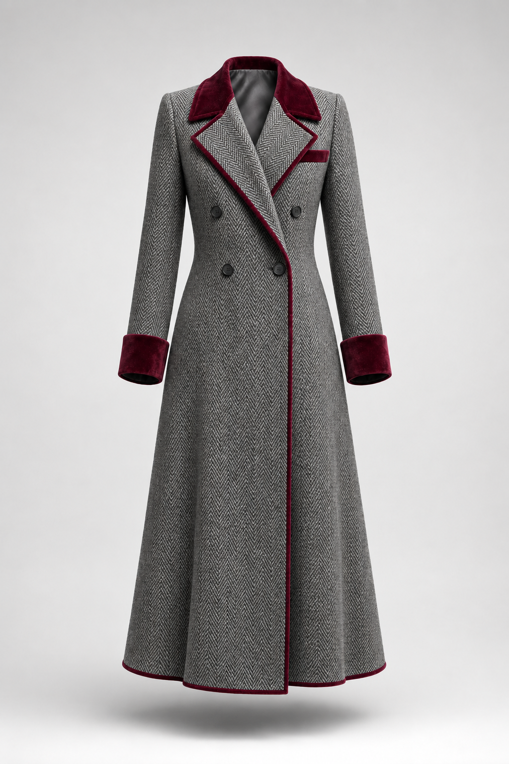 Adele | Long Herringbone Coat with Velvet Trim