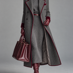 Adele | Long Herringbone Coat with Velvet Trim