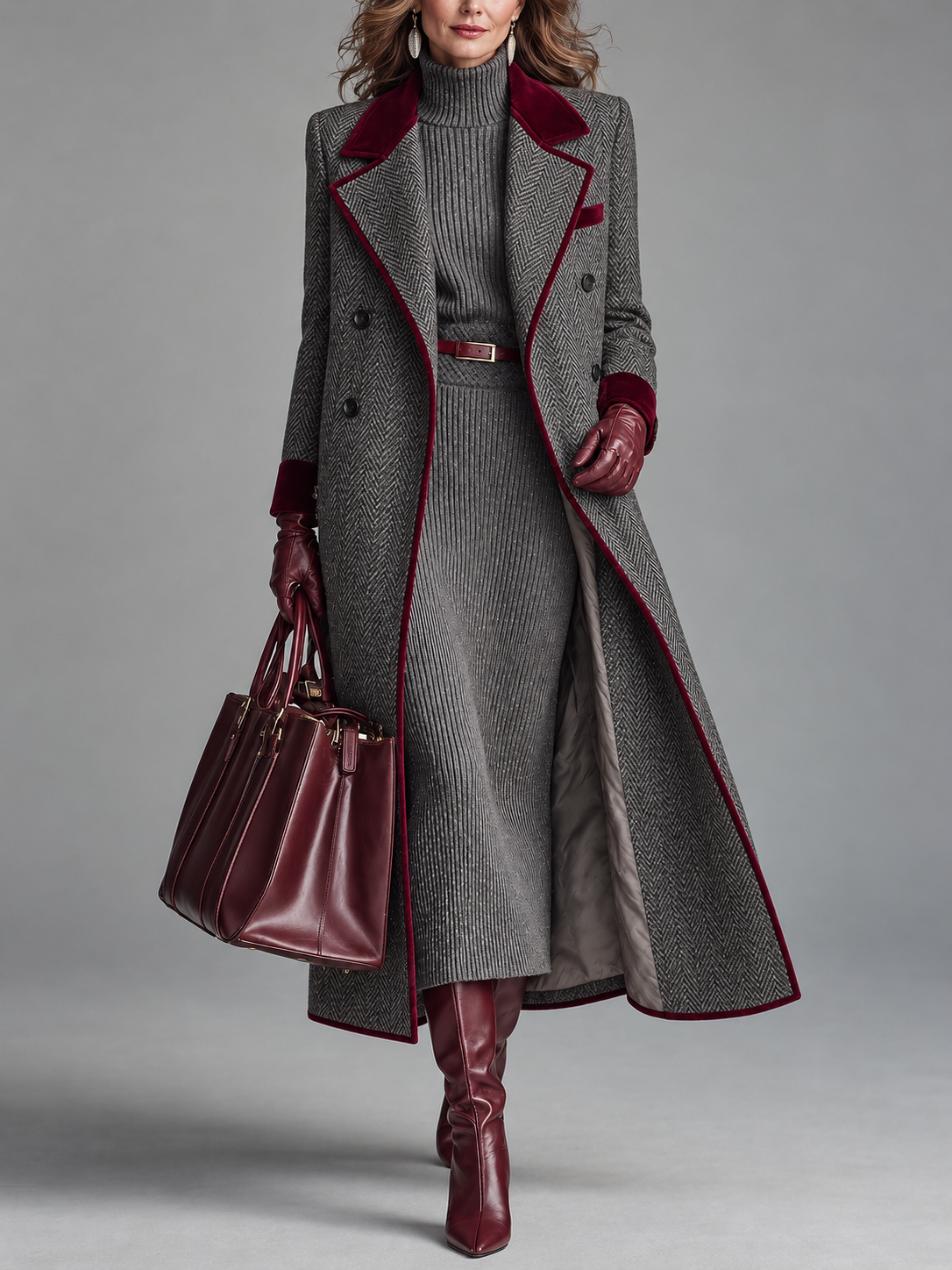 Adele | Long Herringbone Coat with Velvet Trim