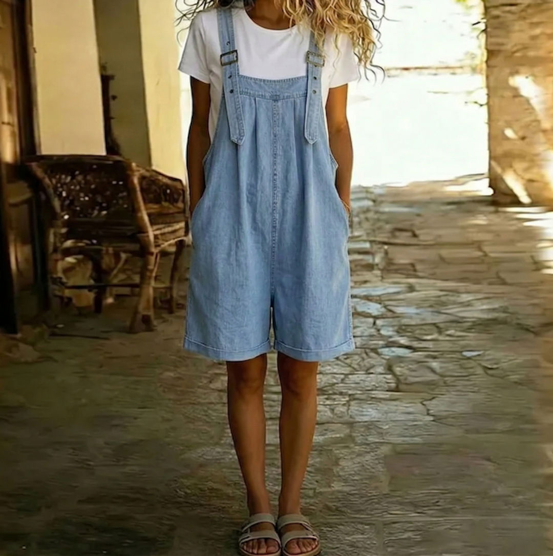 Clara | Vintage Washed Soft Cotton Feel Denim Short Overall Light blue