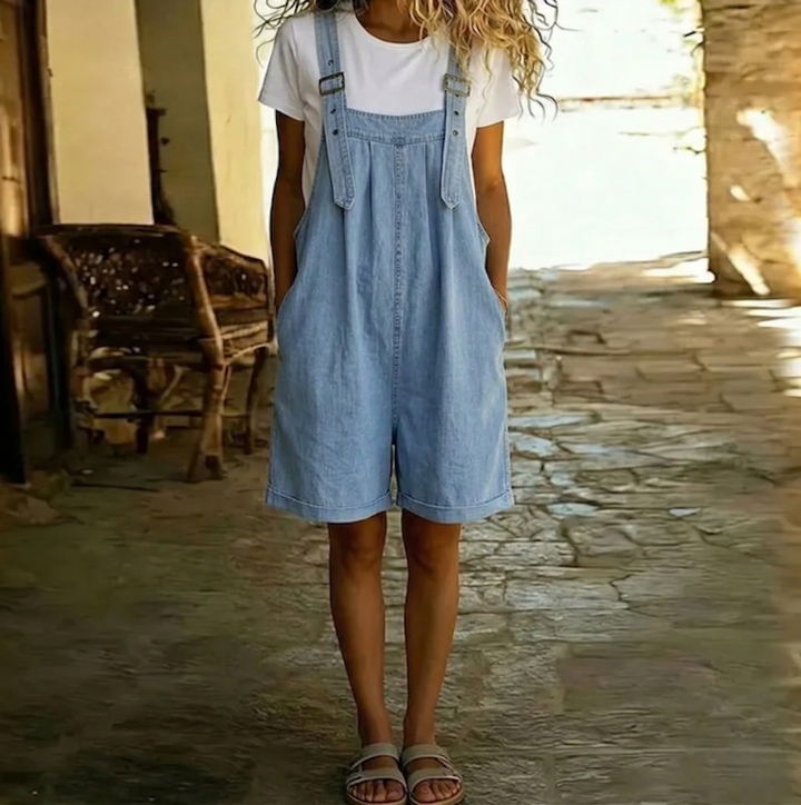 Clara | Vintage Washed Soft Cotton Feel Denim Short Overall Light blue