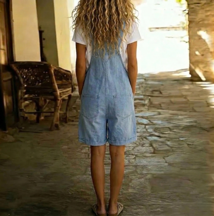 Clara | Vintage Washed Soft Cotton Feel Denim Short Overall Light blue