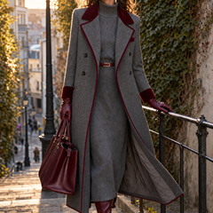 Adele | Long Herringbone Coat with Velvet Trim