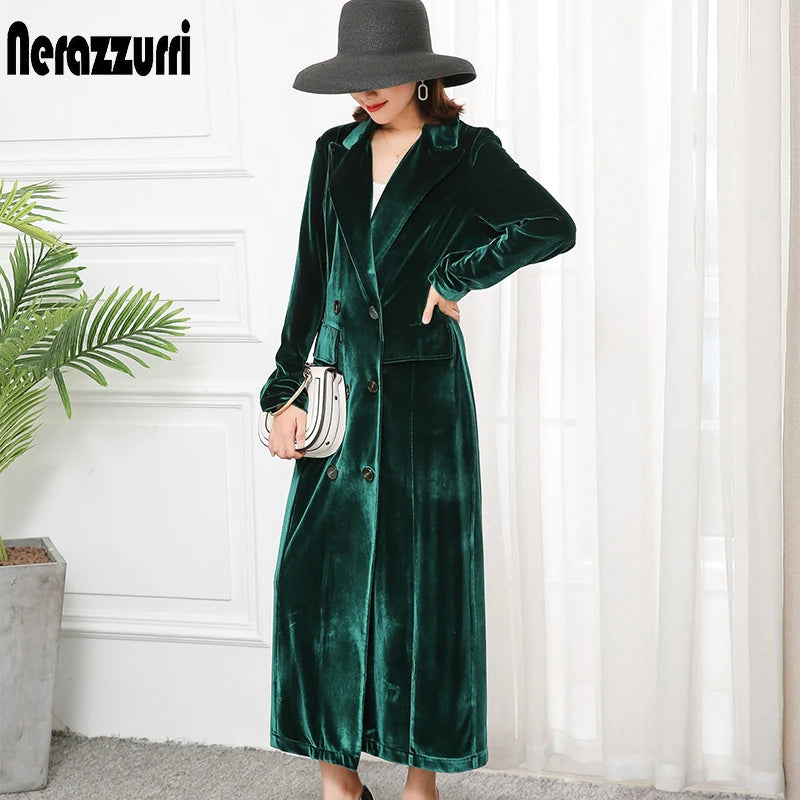 Nerazzurri Hoge Kwaliteit Lange Groen-Zwarte Zachte Fluwelen Trenchcoat voor Dames Herfst 2022 met Gepunte Rever Lange Britse Stijl Overjas