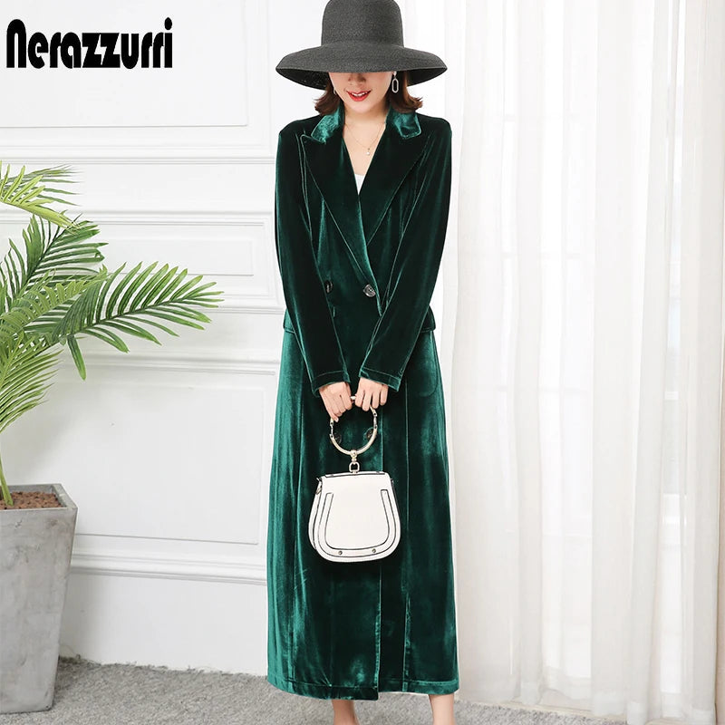 Nerazzurri Hoge Kwaliteit Lange Groen-Zwarte Zachte Fluwelen Trenchcoat voor Dames Herfst 2022 met Gepunte Rever Lange Britse Stijl Overjas