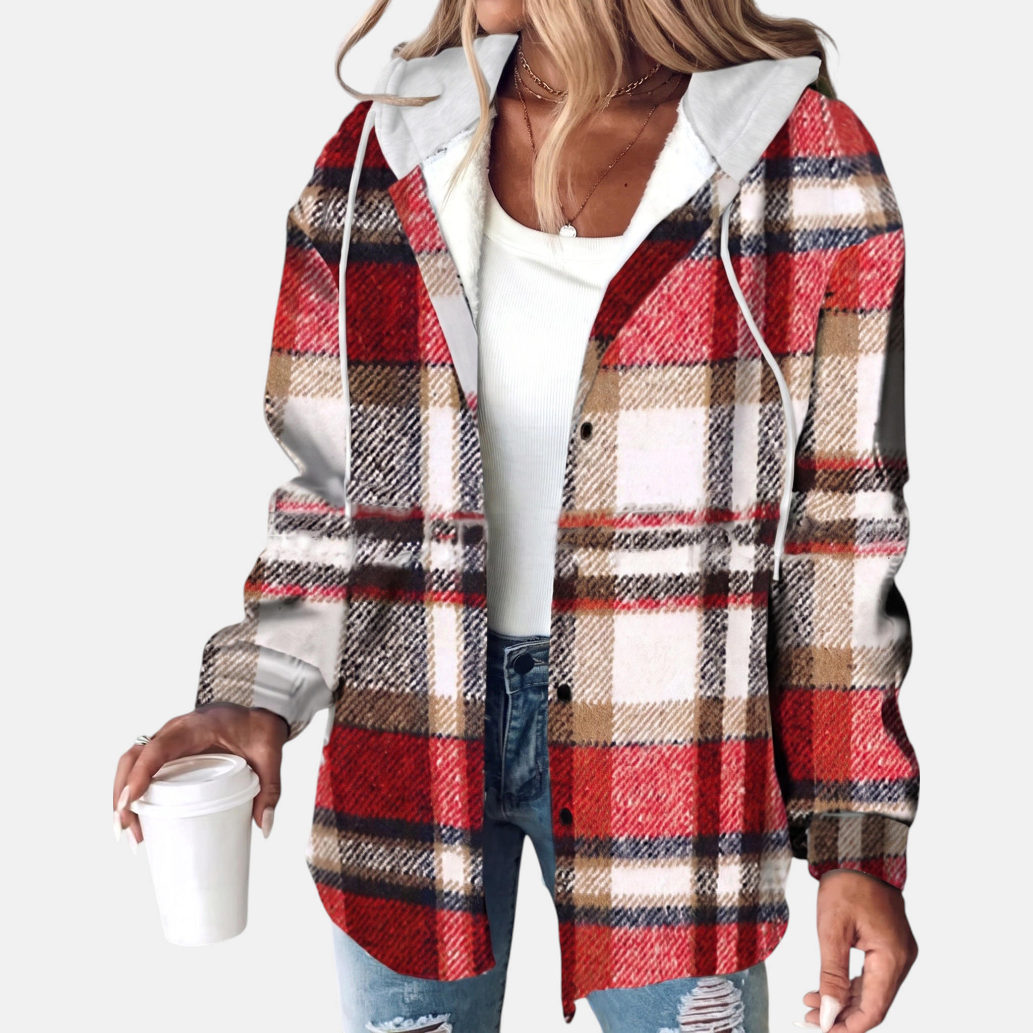 Women's Hooded Button Front Plaid Shacket Jacket