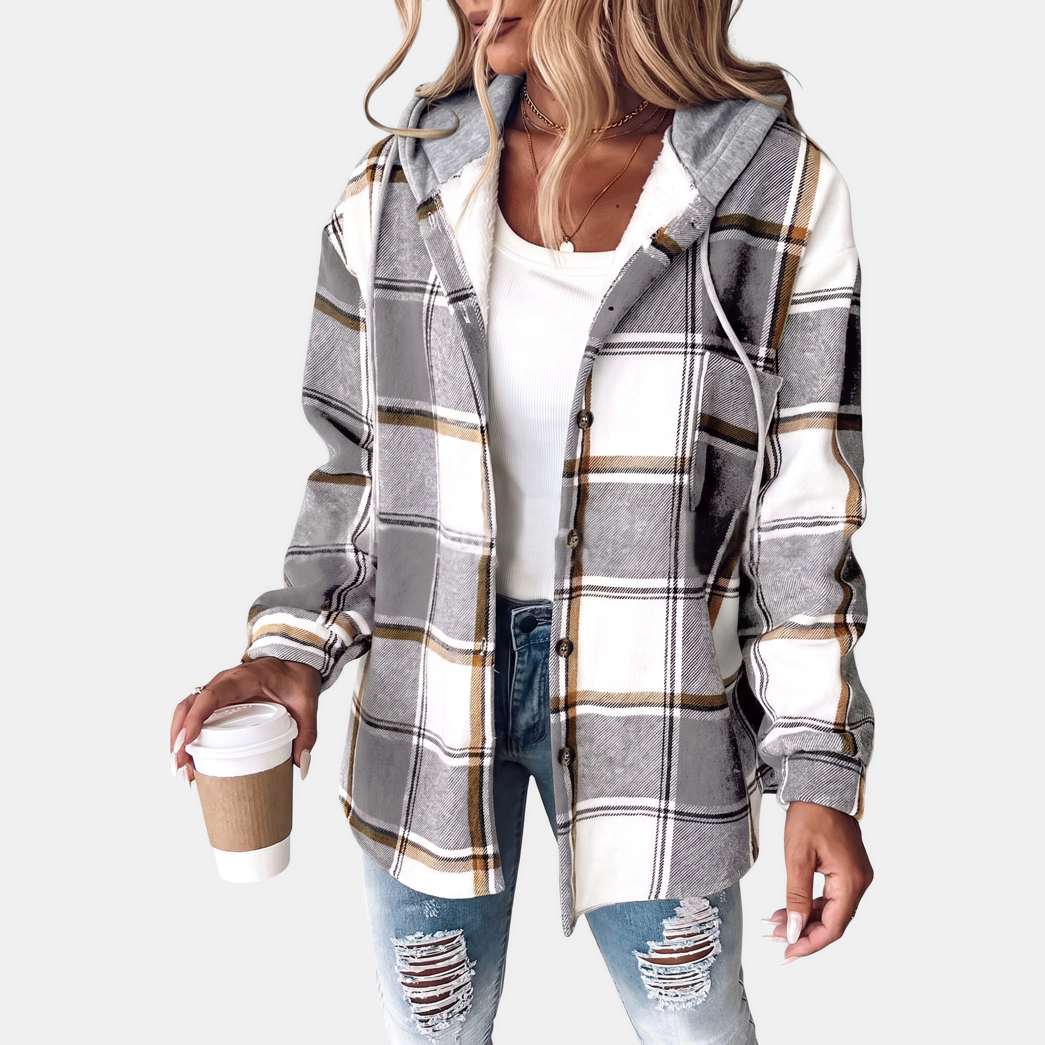 Women's Hooded Button Front Plaid Shacket Jacket