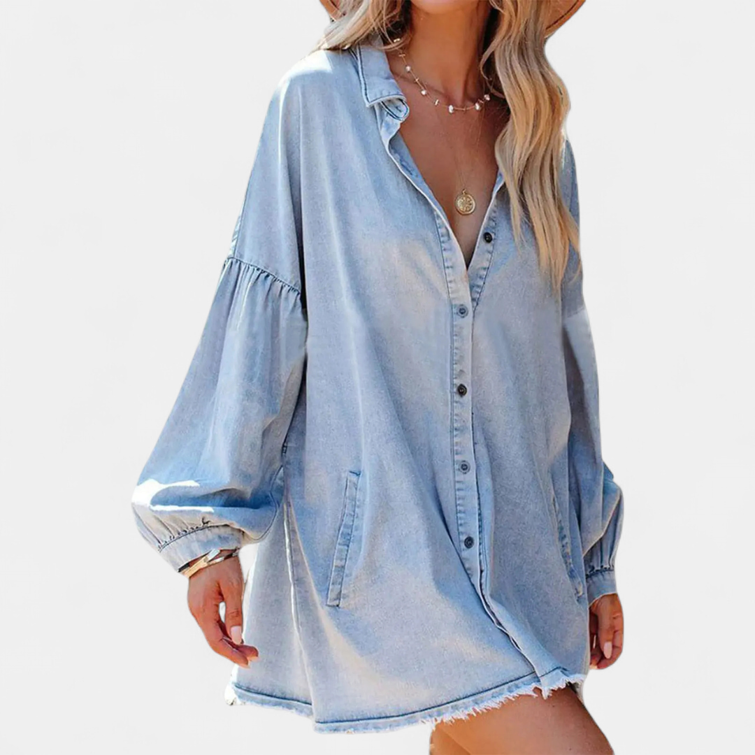 DELIA | Relaxed Fringe-Hem Denim Shirt