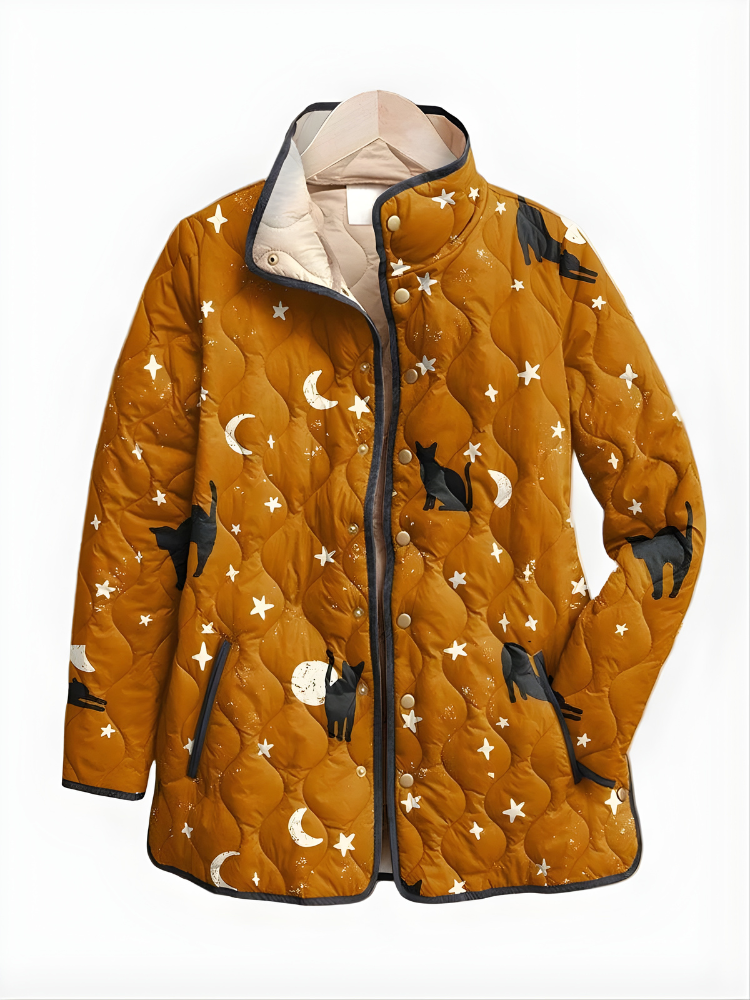 Maya | Black Cat Print Quilted Jacket