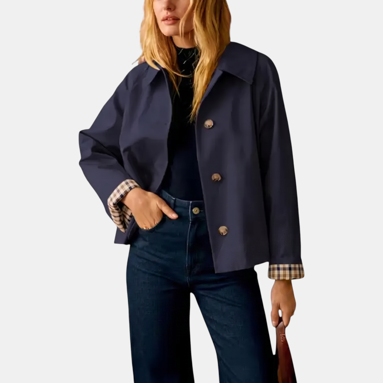 Women's Cropped Trench Coat Lapel Button Front Jacket with Checkered Lining
