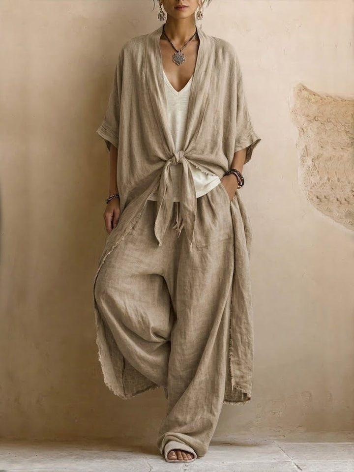 Oversized Linen Kimono & Wide Leg Pants Two-Piece Set