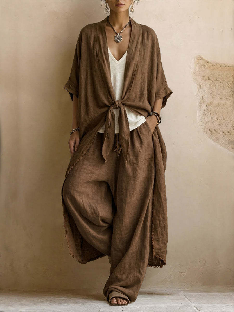 Oversized Linen Kimono & Wide Leg Pants Two-Piece Set