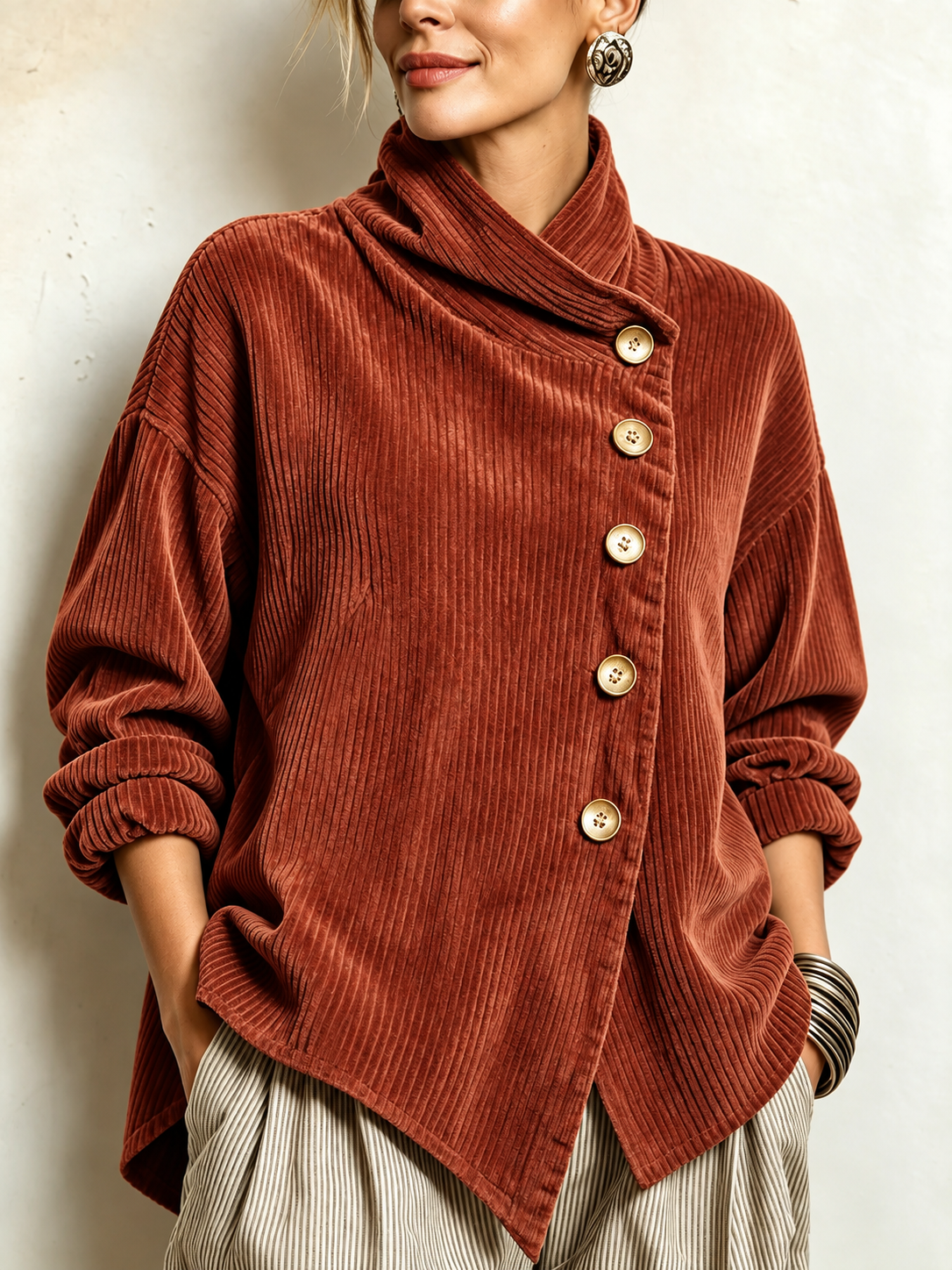 Avery | Wrap-Collar Corduroy Button-Up Top