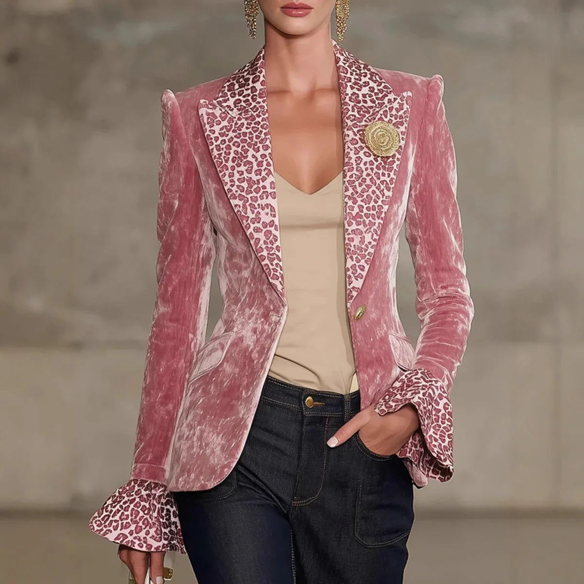 Vrouwen Fluwelen Blazer Luipaardprint Revers Manchet Enkele Knop Jasje Elegante Bovenkleding Jas Vrouwelijke Lente/Herfst Mode Tops