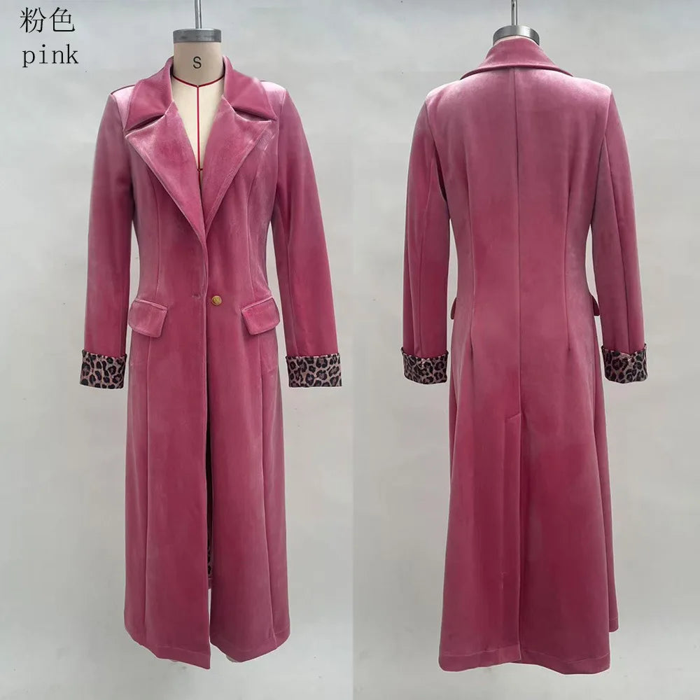 Dames fluwelen lange jas met contrasterende bies, knoopsluiting, reverskraag, lange mouwen, zakken, warme herfst- en winterjas, geschikt voor woon-werkverkeer.
