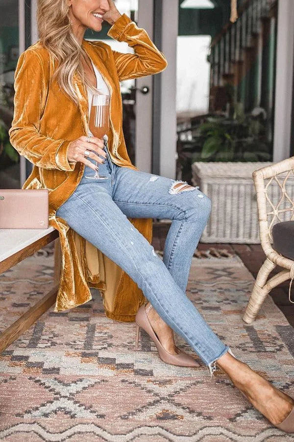 Herfst/Winter Straat Trendy Dames Los Goud Fluwelen Stretch Lange Jas Effen Elegant Kantoor Dame Feest X-LONG Vest Jas