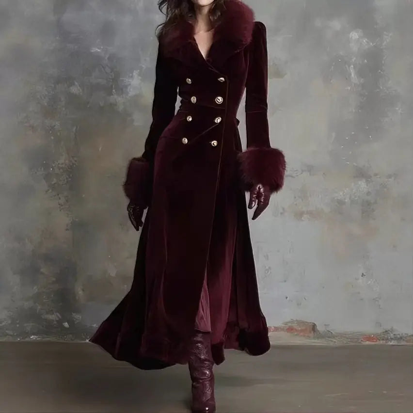 Fluwelen lange trenchcoat voor dames, met nepbontkraag, gesplitste overjas, dubbelrijks, herfst-winter, elegante maxi-avondjas