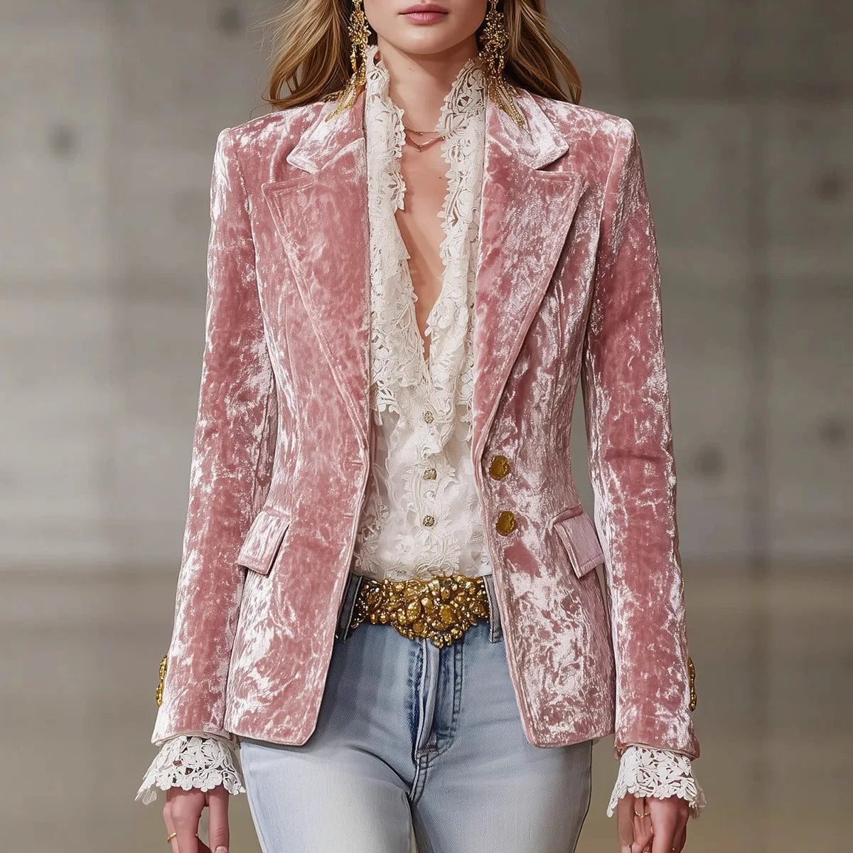 Roze fluwelen op maat gemaakte jas voor dames, elegante kantoordame, jas met inkepingenkraag, uitlopende mouwen, enkele knoop, herfst