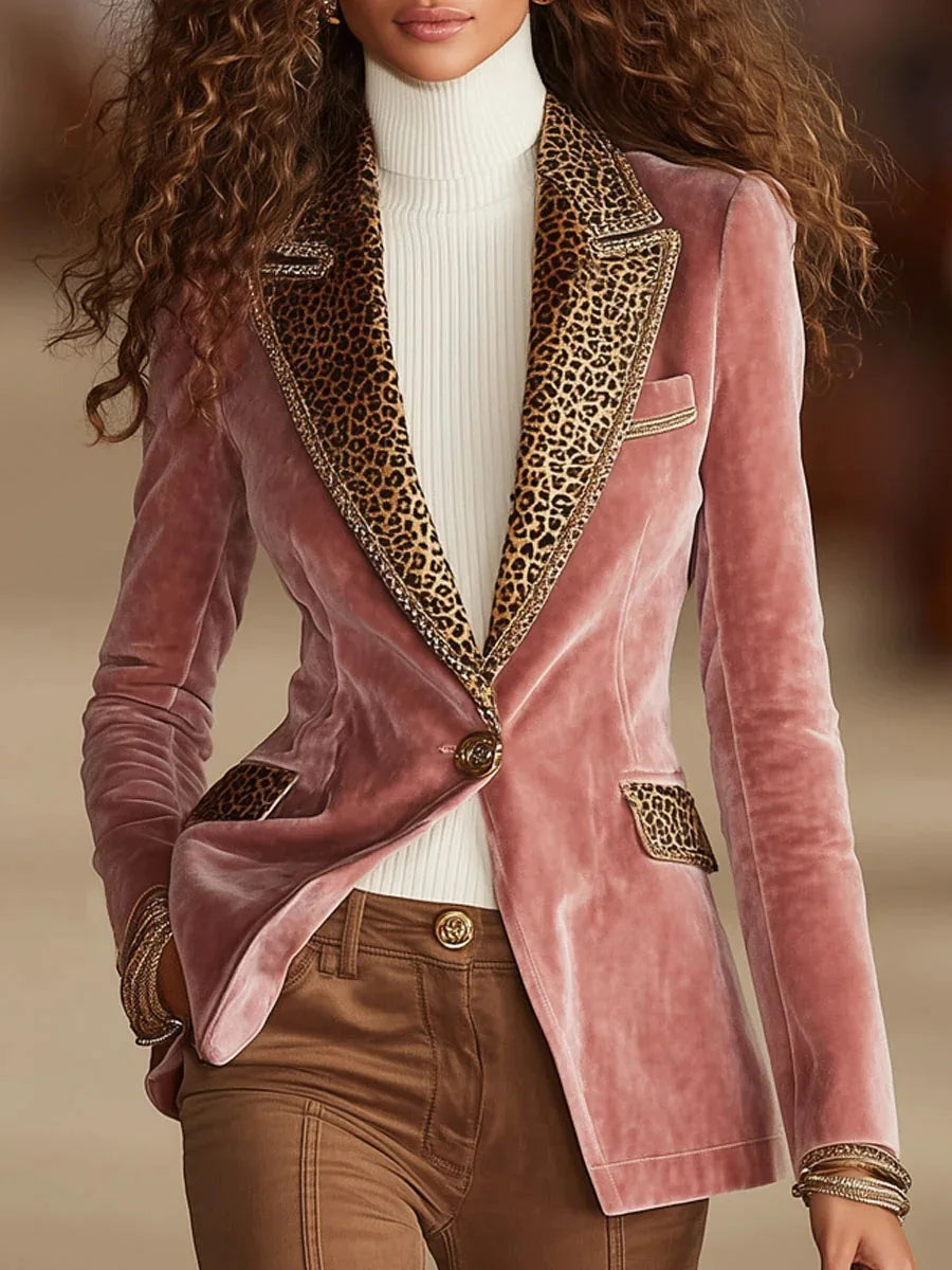Mode Elegante Luipaard Fluwelen Patchwork Jassen Blazer Enkele Knop Zakken Gekerfde Kraag Kantoor Dame Herfst Jassen 2025