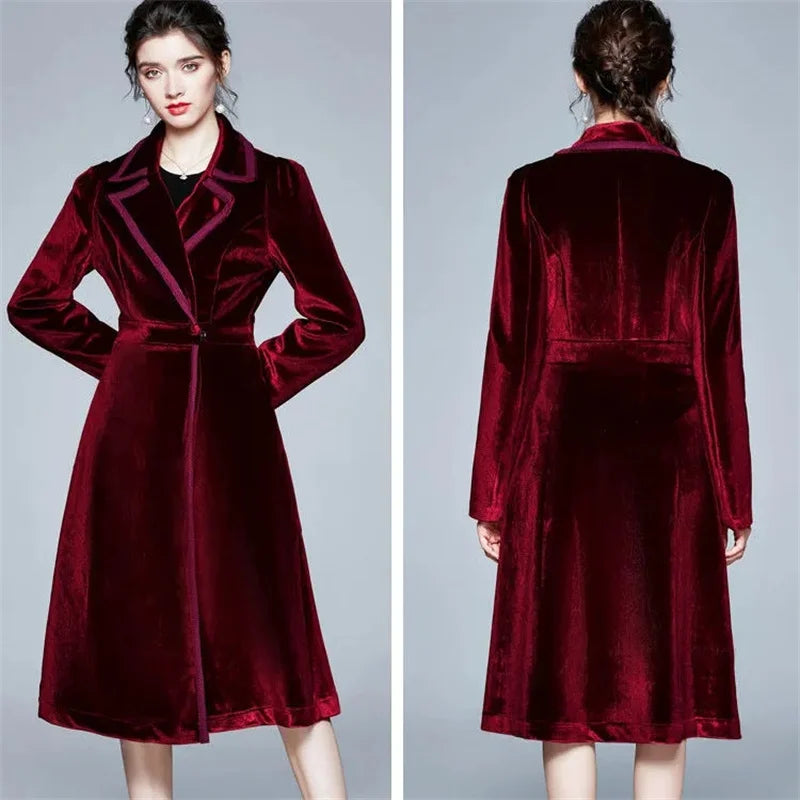 Gouden Fluwelen Lange Windjack Dames Herfst/Winter Nieuwe Stijl High End Temperament Geul Vrouwelijke Elegante Lange Overjas