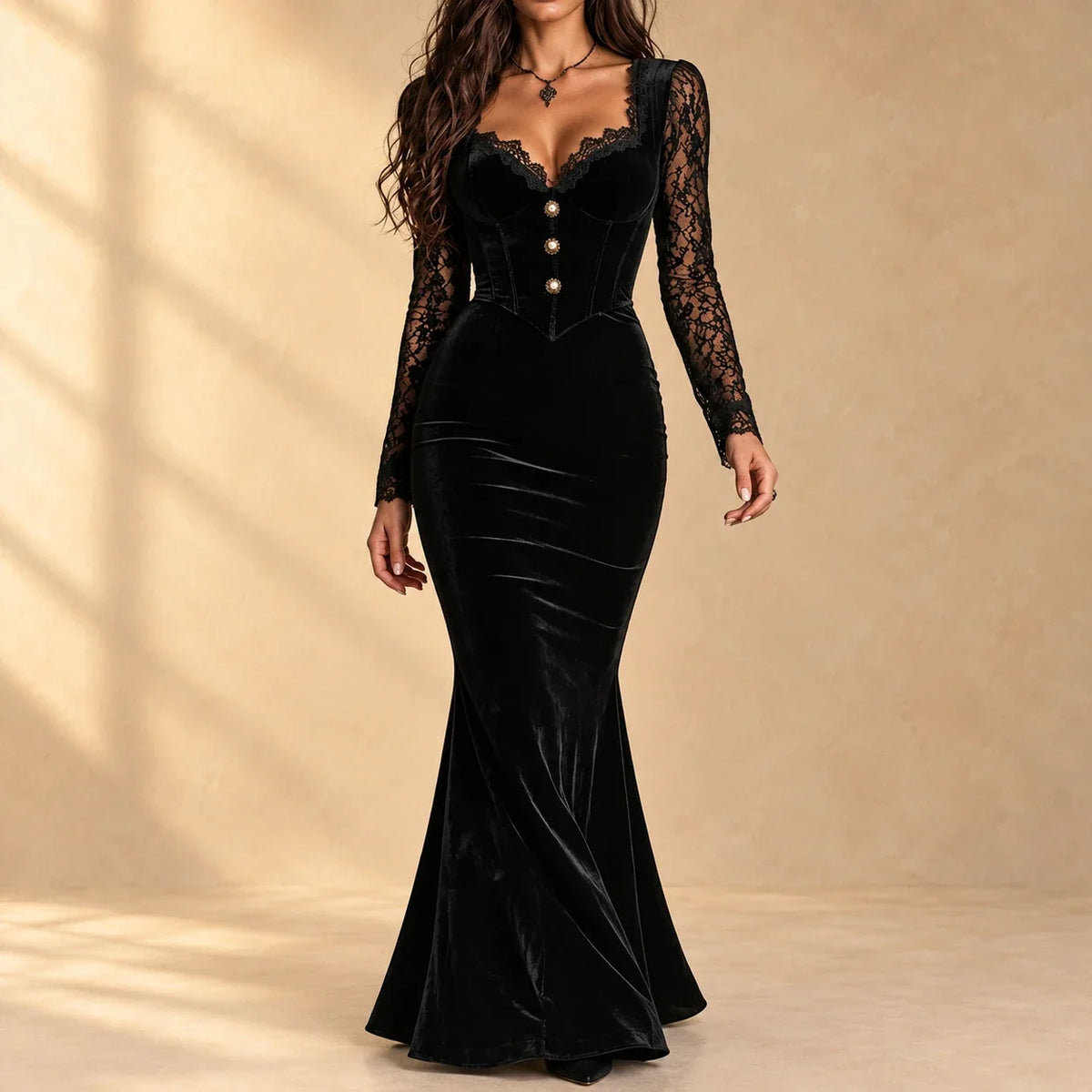 Viviana | Velvet Midi Dress with Lace Sleeves