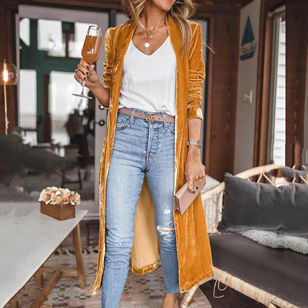Herfst/Winter Straat Trendy Dames Los Goud Fluwelen Stretch Lange Jas Effen Elegant Kantoor Dame Feest X-LONG Vest Jas