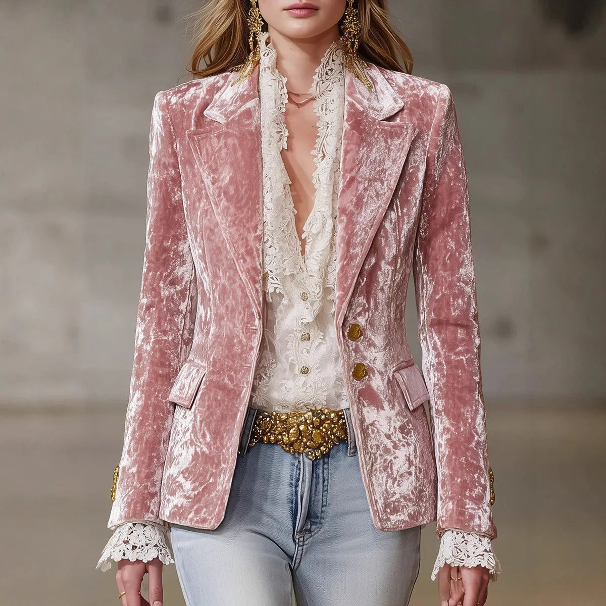 Roze fluwelen op maat gemaakte jas voor dames, elegante kantoordame, jas met inkepingenkraag, uitlopende mouwen, enkele knoop, herfst