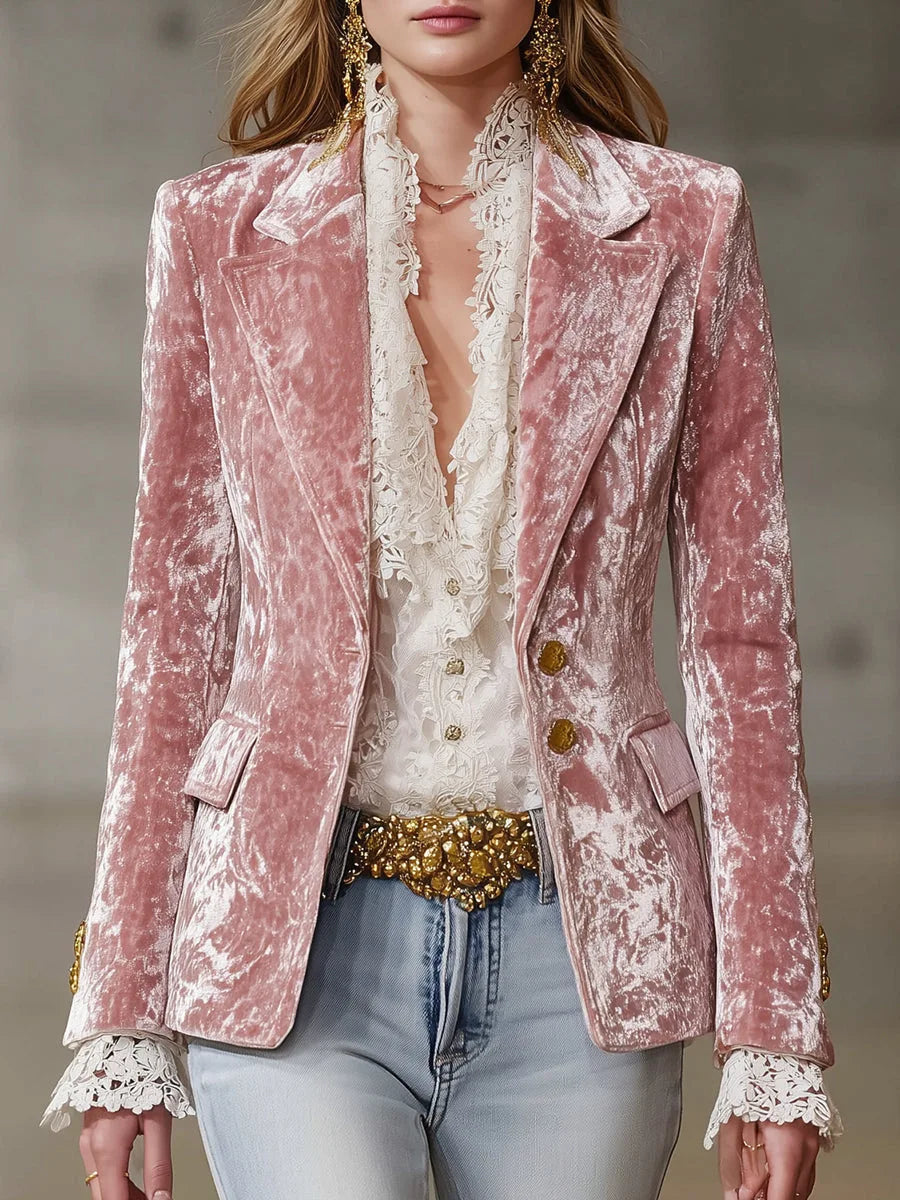 Roze fluwelen op maat gemaakte jas voor dames, elegante kantoordame, jas met inkepingenkraag, uitlopende mouwen, enkele knoop, herfst