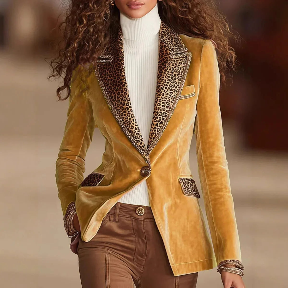 Mode Elegante Luipaard Fluwelen Patchwork Jassen Blazer Enkele Knop Zakken Gekerfde Kraag Kantoor Dame Herfst Jassen 2025