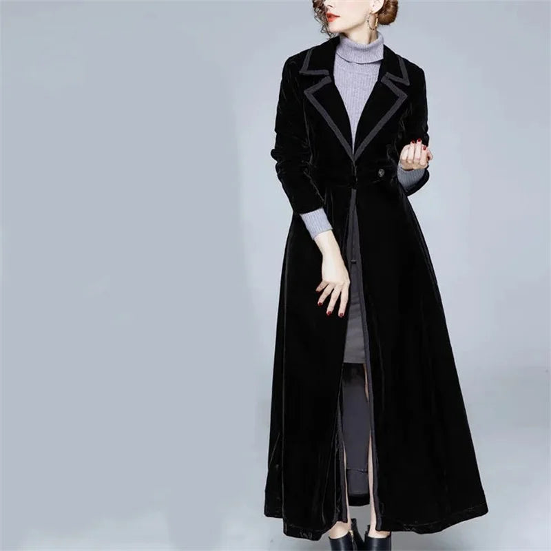 Gouden Fluwelen Lange Windjack Dames Herfst/Winter Nieuwe Stijl High End Temperament Geul Vrouwelijke Elegante Lange Overjas