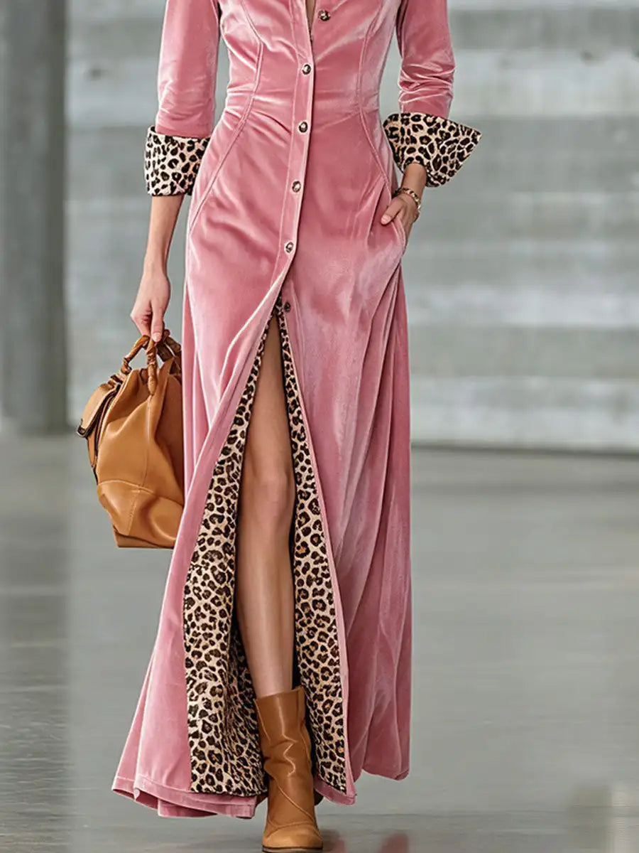Vintage dames fluwelen shirt maxi jurk luipaardprint patchwork lange mouw enkelborst hoge split elegante feestjurk lange jurken