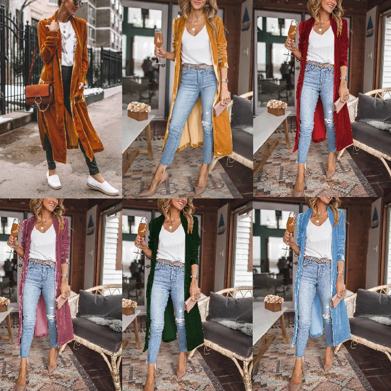 Herfst/Winter Straat Trendy Dames Los Goud Fluwelen Stretch Lange Jas Effen Elegant Kantoor Dame Feest X-LONG Vest Jas