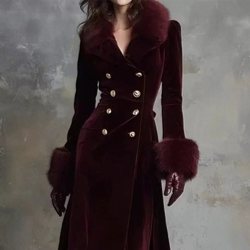 Fluwelen lange trenchcoat voor dames, met nepbontkraag, gesplitste overjas, dubbelrijks, herfst-winter, elegante maxi-avondjas