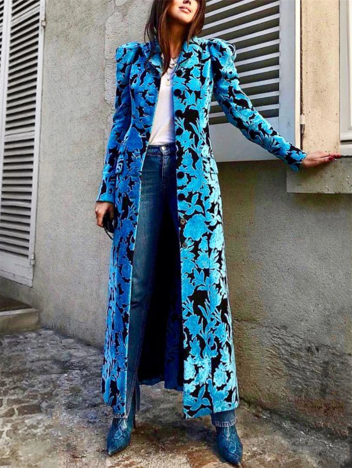 Lange fluwelen trenchcoat voor dames, bloemenreverskraag, zacht, hoge kwaliteit, herfst, piekrevers, lange elegante overjas in Britse stijl